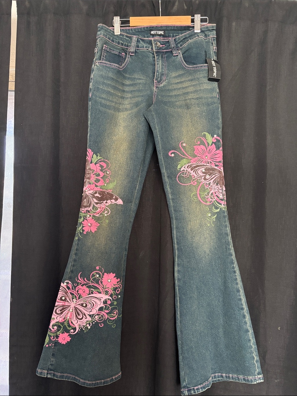 Hot Topic Dark Blue Flare Jeans with Pink Butterfly Floral Print